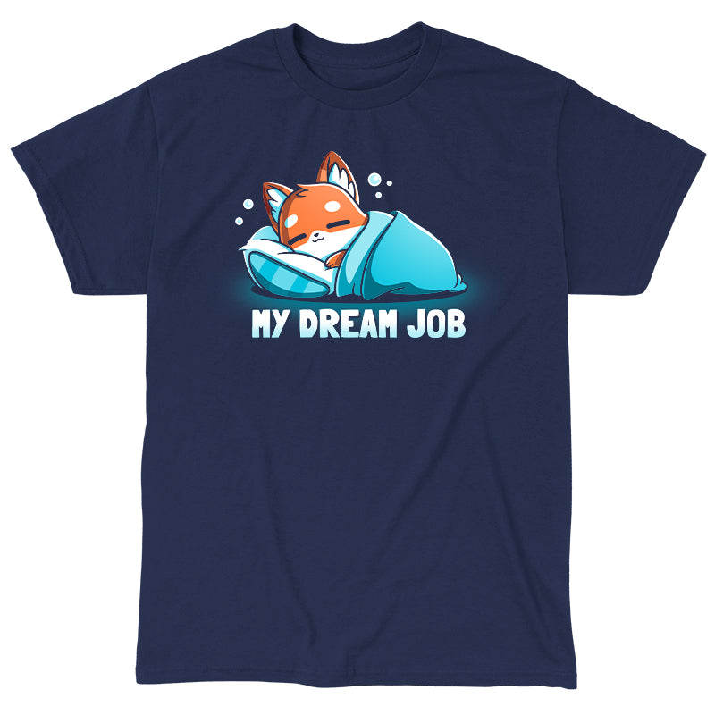 Classic Cotton T-shirt_TeeTurtle navy blue My Dream Job featuring a sleeping fox with a blanket.