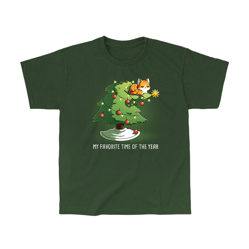 Classic Cotton T-shirt_TeeTurtle forest green My Favorite Time Of Year apparel featuring an orange tabby sitting on top of a Christmas tree that’s bending underneath its weight, with the caption, “My Favorite Time Of The Year“.