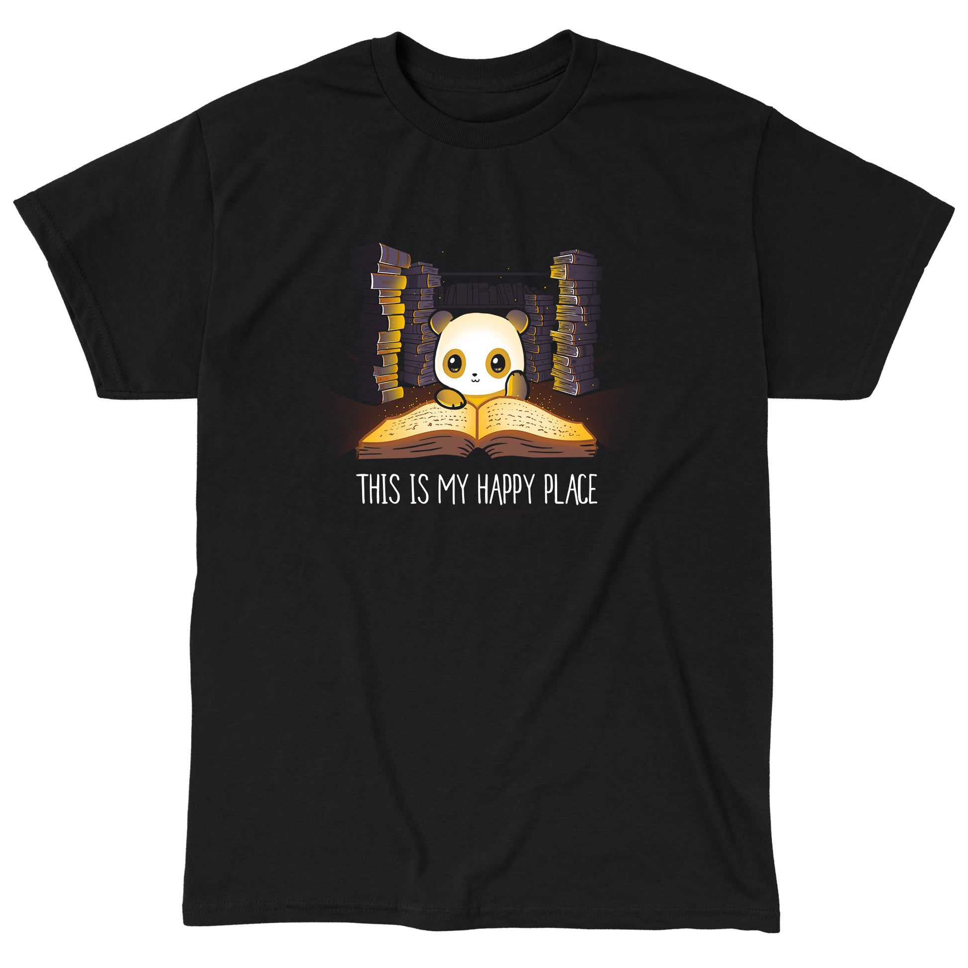 Classic Cotton T-shirt_TeeTurtle black My Happy Place. Featuring a panda in its happy place reading an open book surrounded by stacks of books.