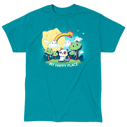 Classic Cotton T-shirt_TeeTurtle My Happy Place (Cats) Tropical Blue t-shirt featuring a cheerful cat with big smiling eyes sitting in a fantasy landscape with cat-shaped clouds, sun, rainbow, and trees all smiling.