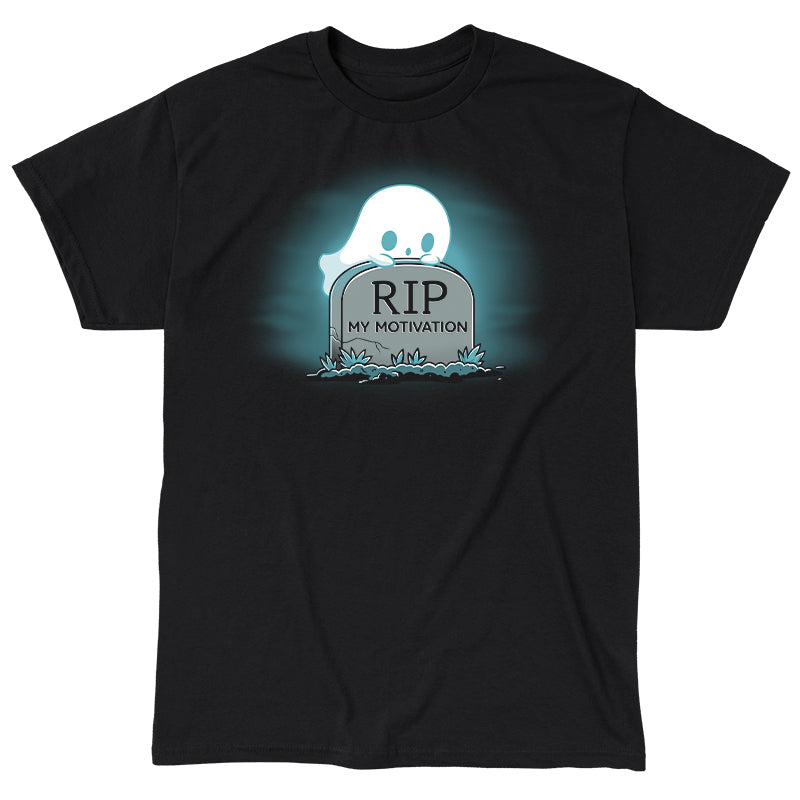 Classic Cotton T-shirt_TeeTurtle My Motivation black t-shirt featuring a ghost peeking over a gravestone with the inscription "RIP My Motivation," set against a dark background with eerie blue lighting.