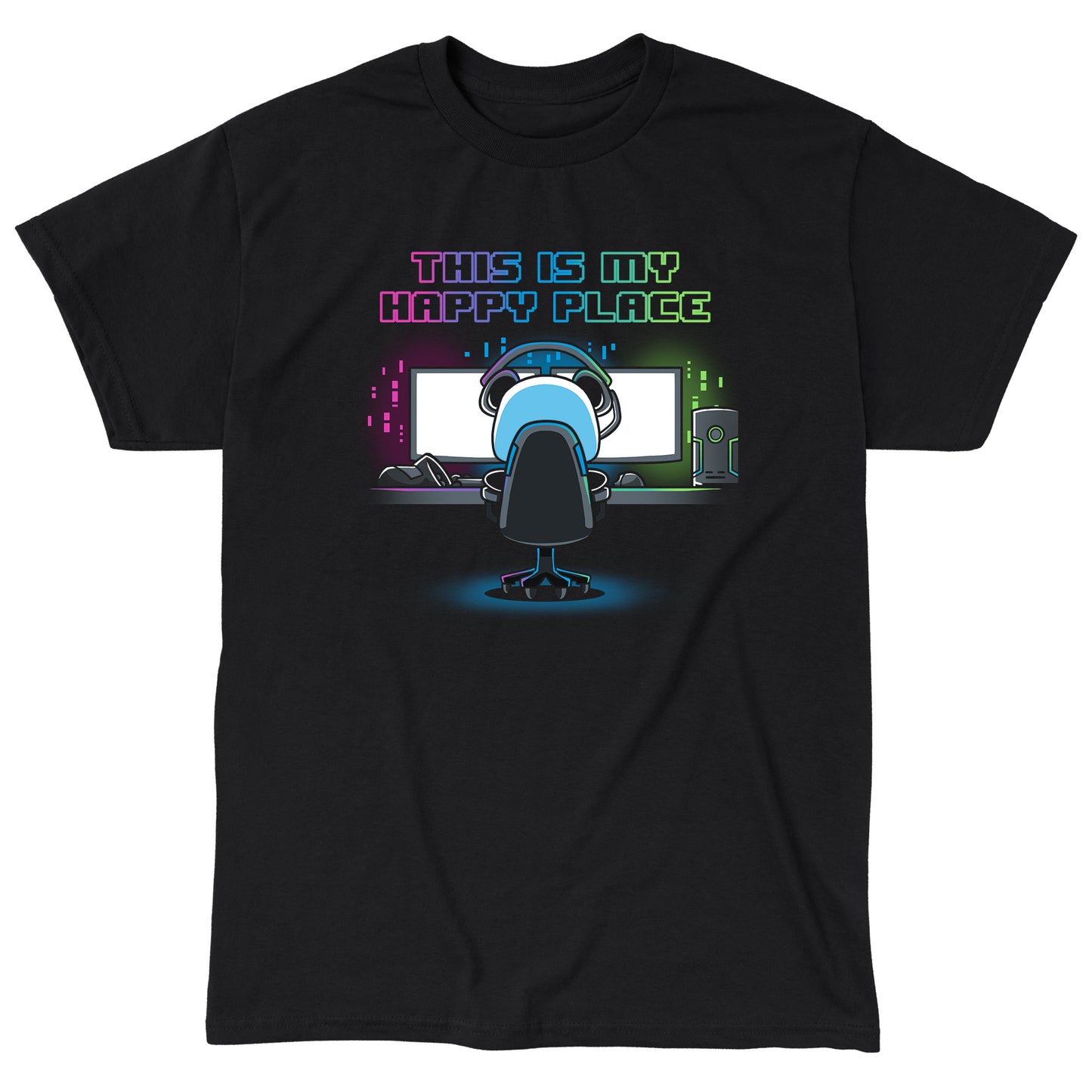 Classic Cotton T-shirt_Illustration of a person sitting at a computer desk with multiple monitors, wearing a headset and a black apparel. Above them, text reads "My Rig is My Happy Place" by monsterdigital in colorful neon letters.