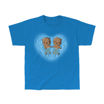 Classic Cotton T-shirt_TeeTurtle My Otter Half sapphire blue t-shirt featuring two otters holding hands while floating on their backs in water, surrounded by ripples in a heart shape.