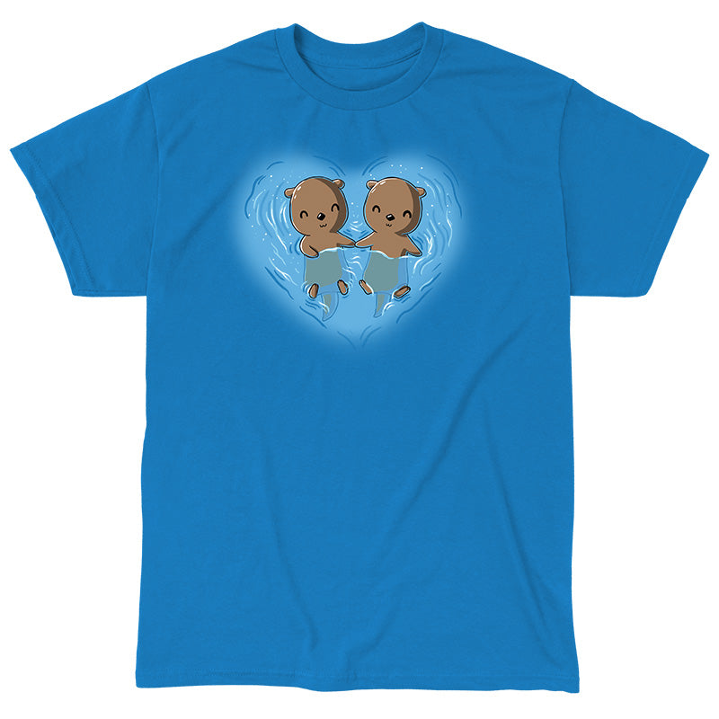 Classic Cotton T-shirt_TeeTurtle My Otter Half sapphire blue t-shirt featuring two otters holding hands while floating on their backs in water, surrounded by ripples in a heart shape.