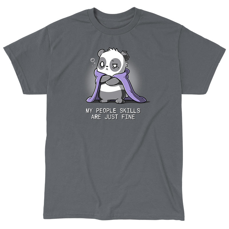 Classic Cotton T-shirt_TeeTurtle My People Skills Are Just Fine charcoal gray t-shirt featuring a sarcastic panda with a purple blanket draped around its shoulders and arms crossed.