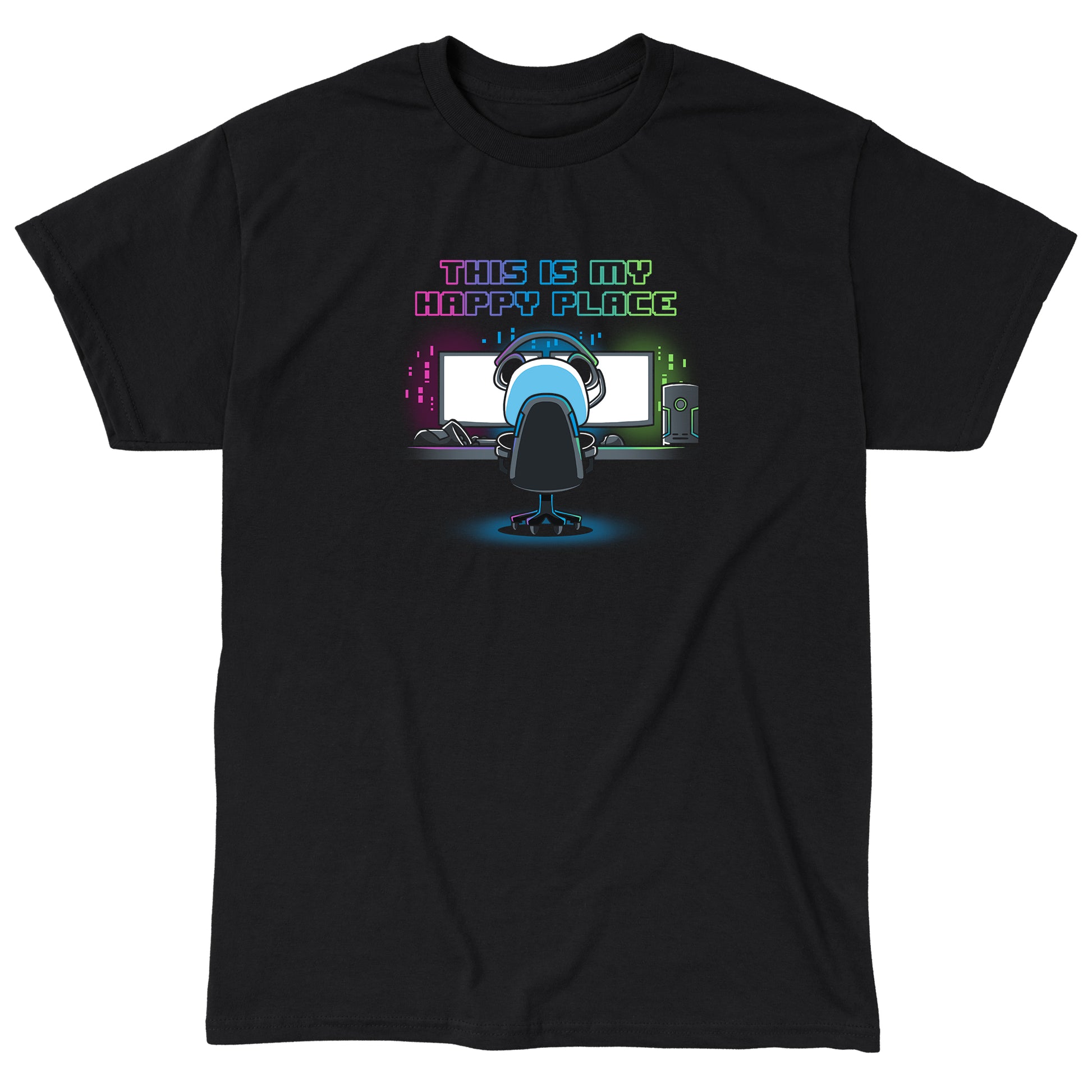 Classic Cotton T-shirt_Illustration of a person sitting at a computer desk with multiple monitors, wearing a headset and a black apparel. Above them, text reads "My Rig is My Happy Place" by monsterdigital in colorful neon letters.