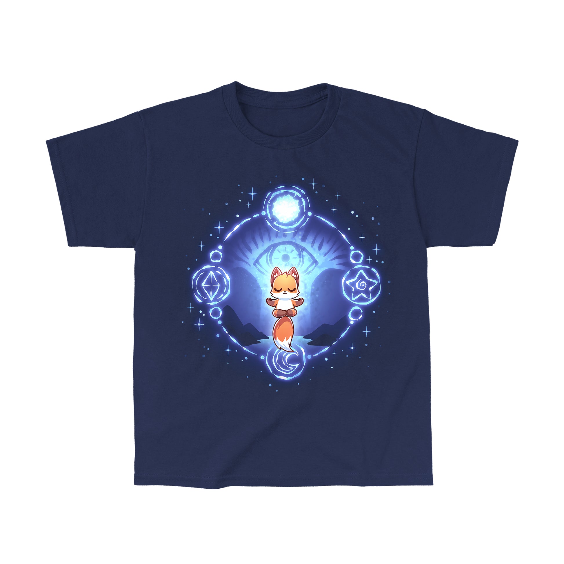 Classic Cotton T-shirt_TeeTurtle navy blue Mystic Fox apparel featuring a floating fox in a meditative position surrounded by a circle with mystical celestial symbols on it and a giant eye in the background.