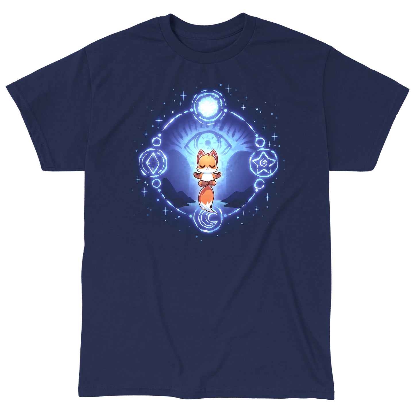 Classic Cotton T-shirt_TeeTurtle navy blue Mystic Fox apparel featuring a floating fox in a meditative position surrounded by a circle with mystical celestial symbols on it and a giant eye in the background.