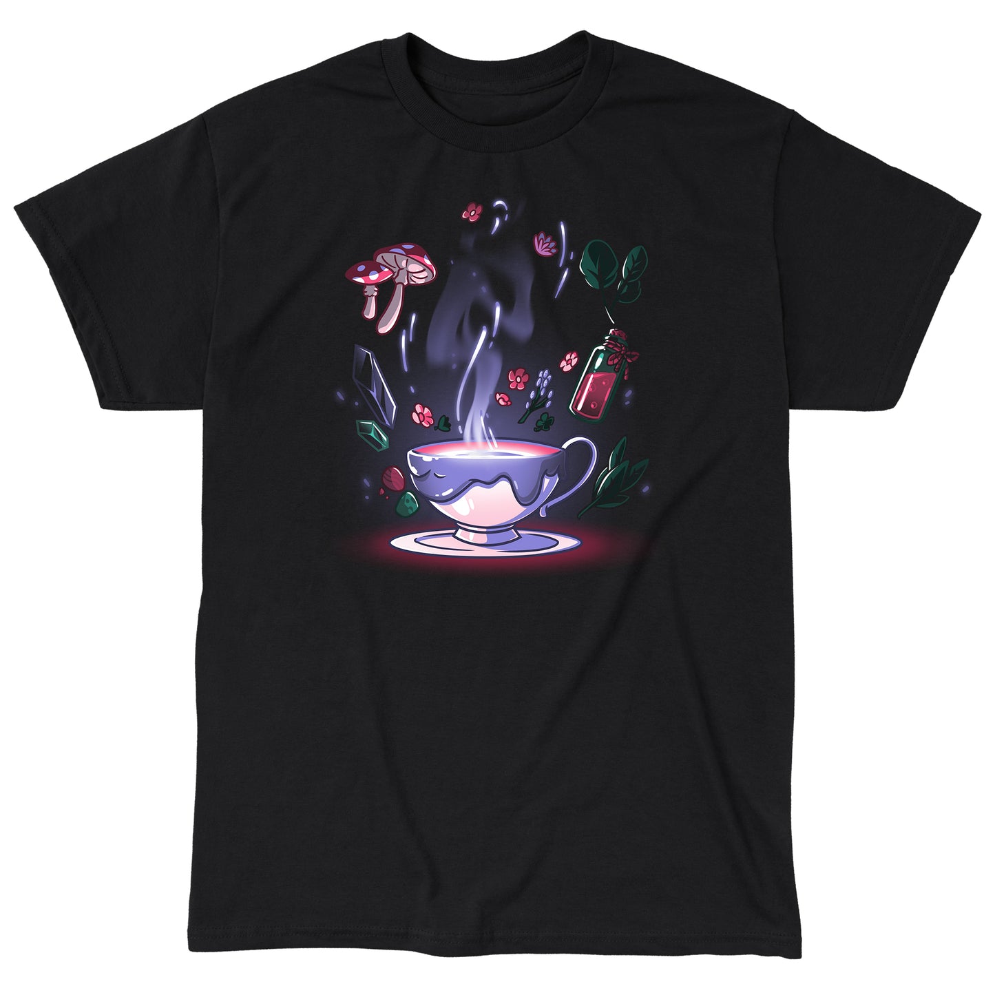 Classic Cotton T-shirt_TeeTurtle Mystic Tea black t-shirt featuring a steaming teacup with a dark liquid inside is surrounded by floating magical cottagecore items, including mushrooms, flowers, leaves, crystals, and a small bottle containing a red potion.