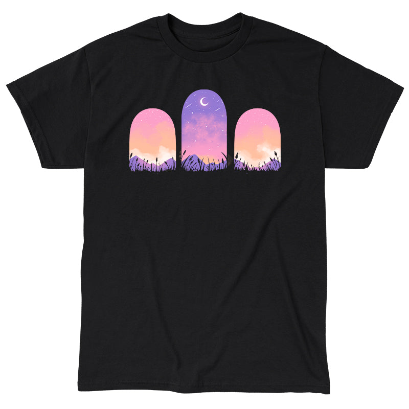 Classic Cotton T-shirt_TeeTurtle Mystic Triptych black t-shirt featuring three arched windows showing a purple and pink sky with a crescent moon and stars, silhouetted grass, and mountains in the foreground.