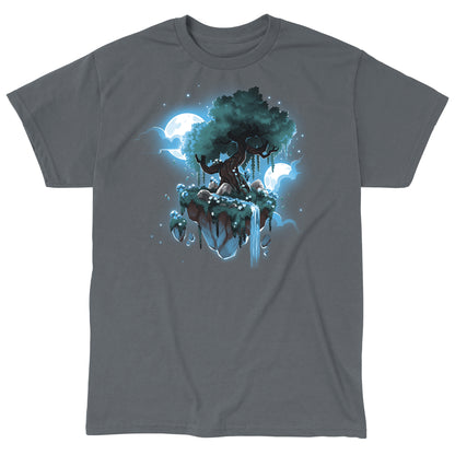 Classic Cotton T-shirt_TeeTurtle Mystical Floating Tree charcoal gray t-shirt featuring an illustration of a large tree on a floating island with a cascading waterfall and glowing blue moons in the background.