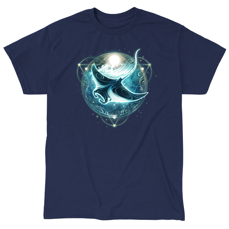 Classic Cotton T-shirt_TeeTurtle Mystical Manta Ray navy blue t-shirt featuring a glowing manta ray with swirling patterns.
