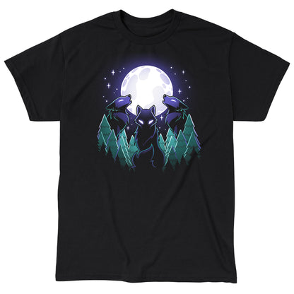 Classic Cotton T-shirt_TeeTurtle Mystical Moon black t-shirt featuring three wolves with glowing eyes howl at a large, Mystical Moon, surrounded by a nature forest of evergreen trees and twinkling stars in the night sky.