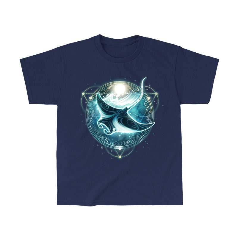 Classic Cotton T-shirt_TeeTurtle Mystical Manta Ray navy blue t-shirt featuring a glowing manta ray with swirling patterns.
