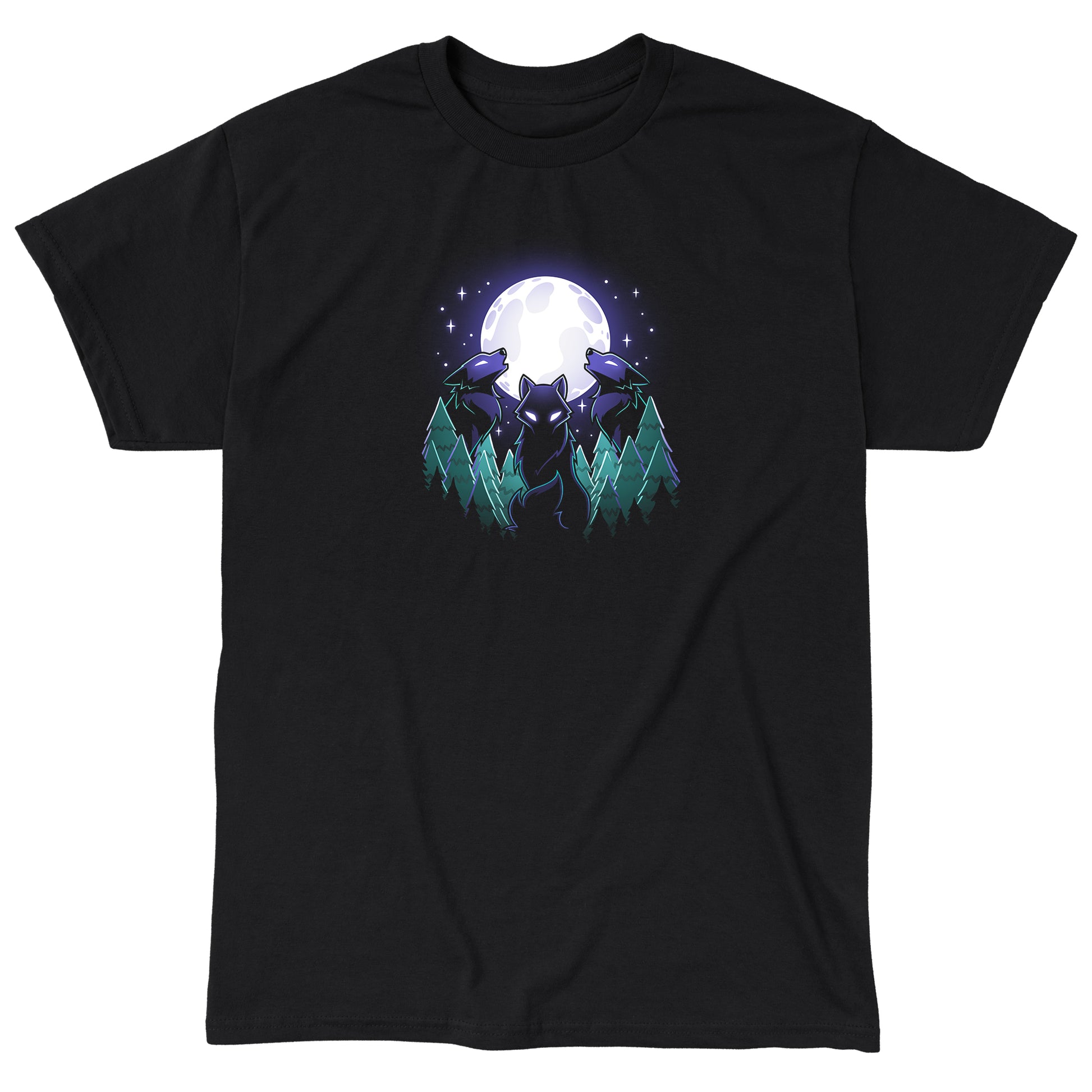 Classic Cotton T-shirt_TeeTurtle Mystical Moon black t-shirt featuring three wolves with glowing eyes howl at a large, Mystical Moon, surrounded by a nature forest of evergreen trees and twinkling stars in the night sky.