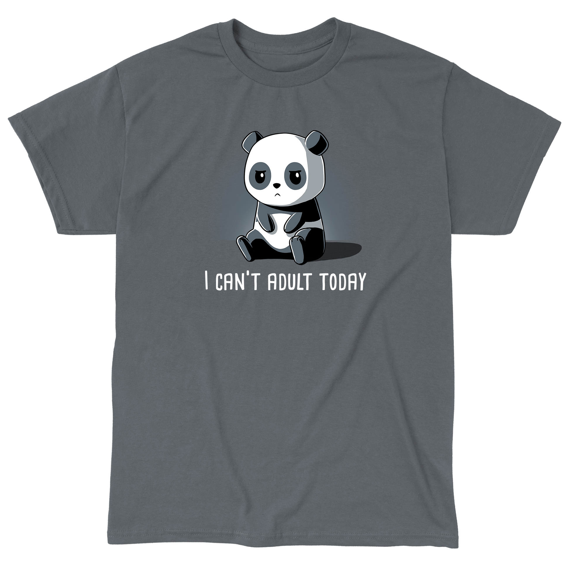 Classic Cotton T-shirt_TeeTurtle charcoal gray Can't Adult Today. Featuring a grumpy panda that can't adult today.