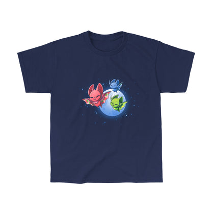 Classic Cotton T-shirt_TeeTurtle Fruit Bats navy blue t-shirt featuring three colorful fruit bats (red, green, blue) with decorative wings flying against a night sky with a full moon and stars.