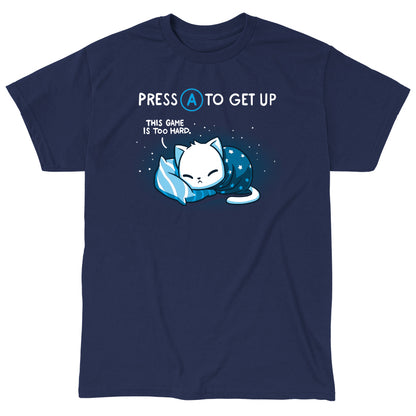 Classic Cotton T-shirt_TeeTurtle Bedtime Lag navy blue t-shirt featuring featuring a sleepy cat wrapped in a blanket laying on a pillow.