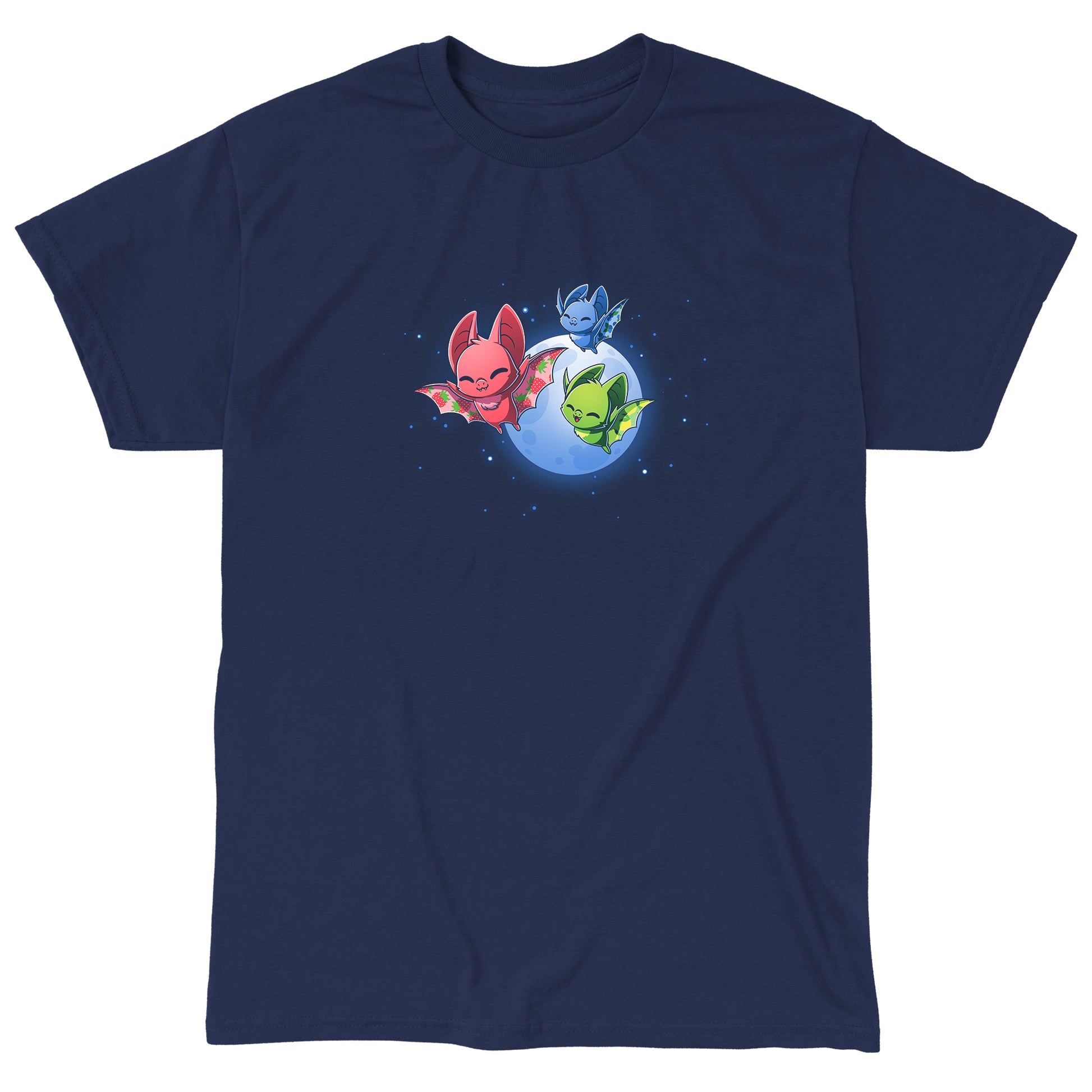 Classic Cotton T-shirt_TeeTurtle Fruit Bats navy blue t-shirt featuring three colorful fruit bats (red, green, blue) with decorative wings flying against a night sky with a full moon and stars.