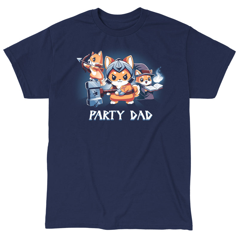 Classic Cotton T-shirt_TeeTurtle Party Dad navy blue t-shirt featuring a party of three foxes dressed as a warrior, an archer, and wizard with a pun below it.