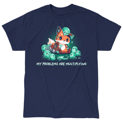 Classic Cotton T-shirt_TeeTurtle My Problems are Multiplying navy blue t-shirt featuring a sad fox holding an axe and surrounded by fantasy green slimes that are multiplying.