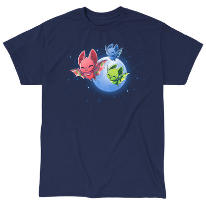 Classic Cotton T-shirt_TeeTurtle Fruit Bats navy blue t-shirt featuring three colorful fruit bats (red, green, blue) with decorative wings flying against a night sky with a full moon and stars.