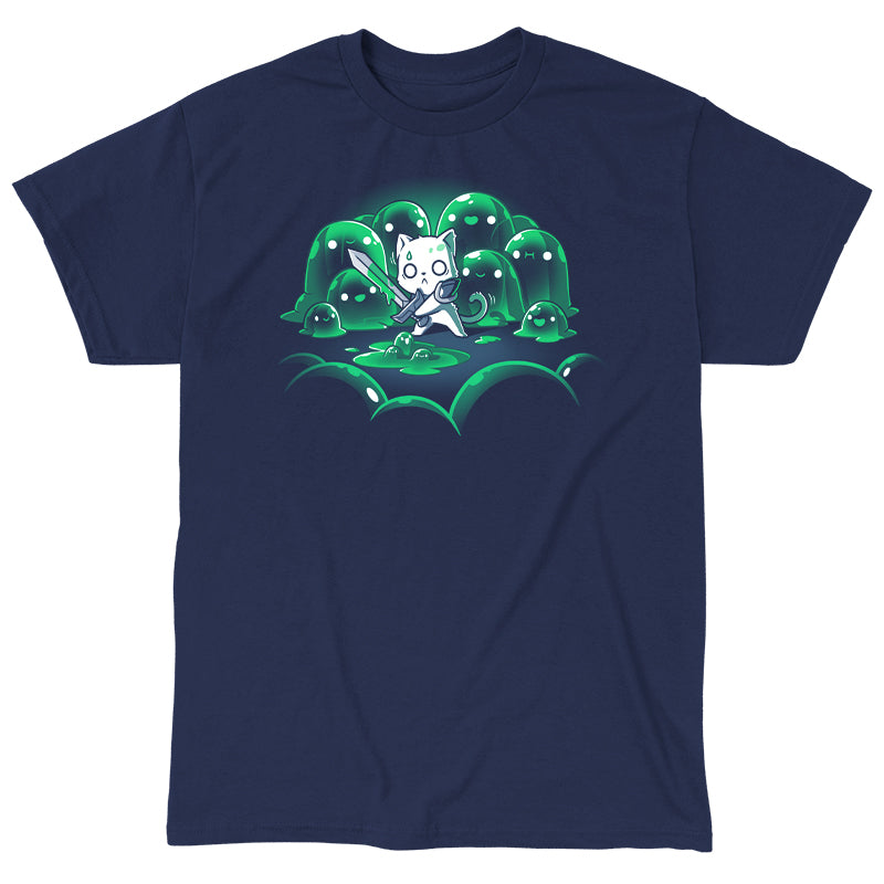 Classic Cotton T-shirt_TeeTurtle navy blue The Never-Ending Fight. Featuring a cat warrior holding a sword surprised at being surrounded by a group of green slimes.