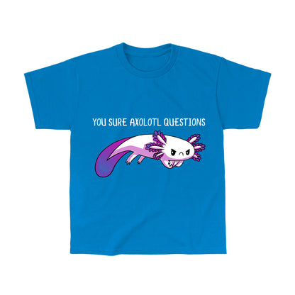 Classic Cotton T-shirt_TeeTurtle Cobalt blue apparel featuring a drawing of a purple axolotl and the playful text "You Sure Axolotl Questions" at the top, crafted from super soft ringspun cotton for ultimate comfort. Product Name: You Sure Axolotl Questions, Brand Name: monsterdigital