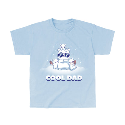 Classic Cotton T-shirt_TeeTurtle light blue Cool Dad (Polar Bear) apparel featuring a dad polar bear with sunglasses and his arms crossed, two of his cubs holding frozen desserts, one cub perched on top of his head with snow falling around them, and the caption, "Cool Dad". 