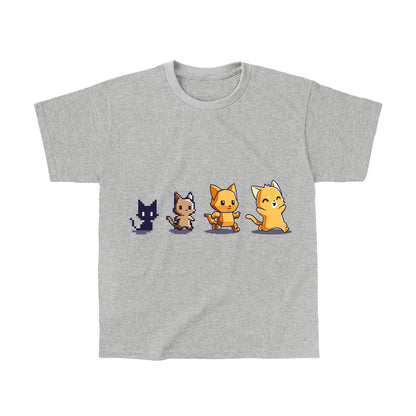 Classic Cotton T-shirt_TeeTurtle Graphics Evolution Heather Gray t-shirt featuring a sequence of four pixel art-style cats showing evolutionary stages. 