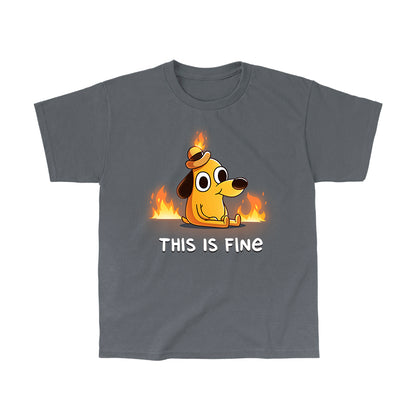 Classic Cotton T-shirt_TeeTurtle charcoal gray This Is Fine (Question Hound) Classic Cotton T-shirt featuring the iconic orange dog with a little hat and a forced smile from KC Green's comics, surrounded by fire, with the words "This Is Fine" below it. 