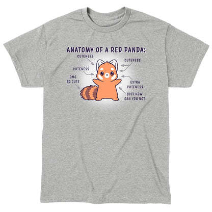 Classic Cotton T-shirt_TeeTurtle Anatomy of a Red Panda heather gray t-shirt featuring a kawaii red panda with a cute expression standing with arms out and arrows pointing to different parts of the red panda and captions to different parts of its body that say "Cuteness," "Extra Cuteness," "Just how can you not" and "OMG So Cute".