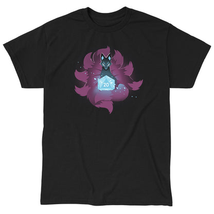 Classic Cotton T-shirt_TeeTurtle D20 Kitsune black t-shirt featuring a kitsune with multiple purple tails around a glowing 20-sided die.