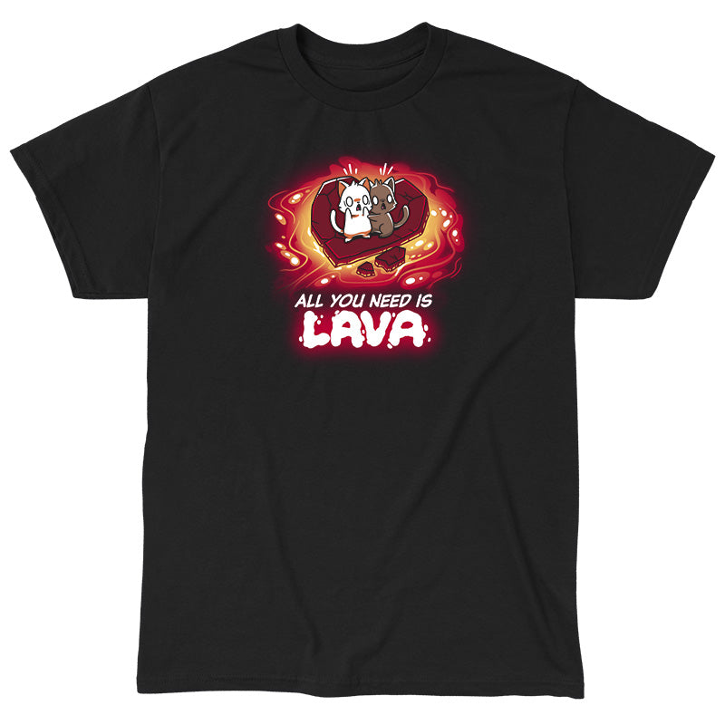 Classic Cotton T-shirt_TeeTurtle All You Need is Lava black t-shirt featuring two cats standing on a piece of stone in the shape of a heart floating on lava with a pun below.