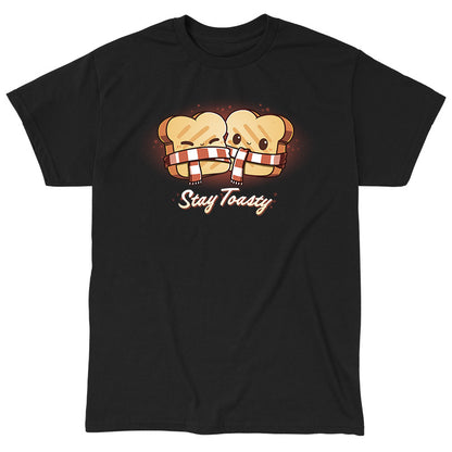 Classic Cotton T-shirt_Teeturtle Stay Toasty black t-shirt featuring two smiling pieces of toast, bundled together with a red and white striped scarf. The text "Stay Toasty" is written below. 