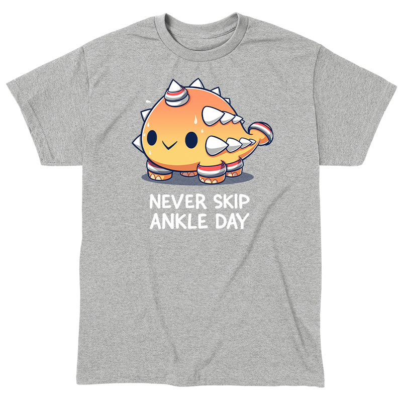 Classic Cotton T-shirt_TeeTurtle Never Skip Ankle Day heather gray T-shirt featuring an ankylosaurus in sweatbands