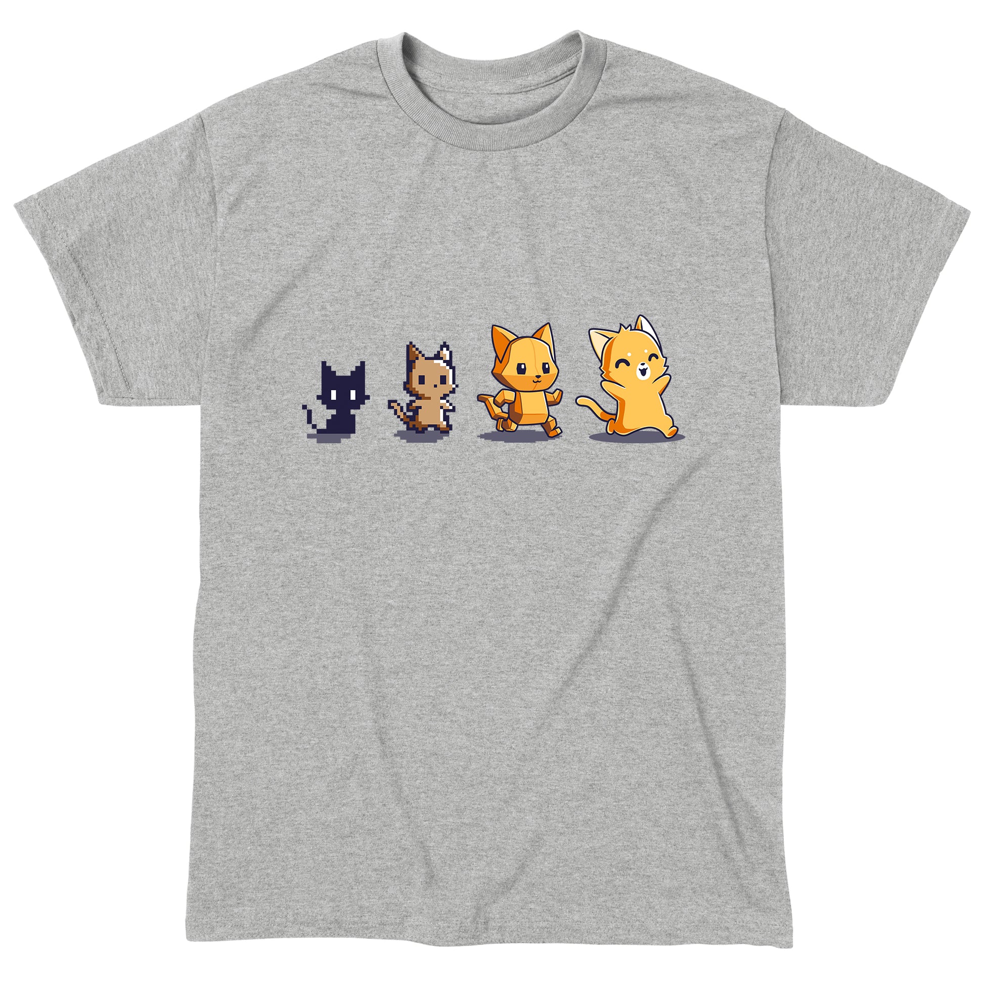 Classic Cotton T-shirt_TeeTurtle Graphics Evolution Heather Gray t-shirt featuring a sequence of four pixel art-style cats showing evolutionary stages. 