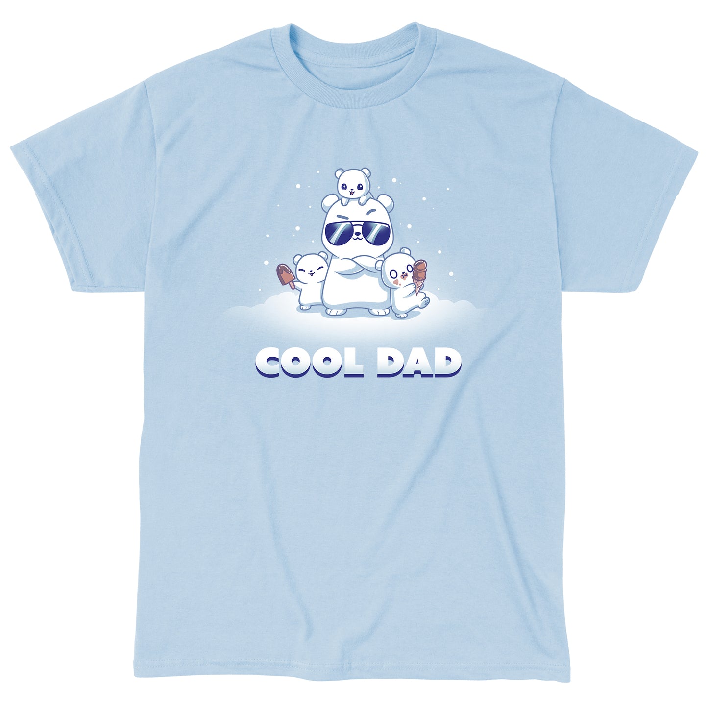 Classic Cotton T-shirt_TeeTurtle light blue Cool Dad (Polar Bear) apparel featuring a dad polar bear with sunglasses and his arms crossed, two of his cubs holding frozen desserts, one cub perched on top of his head with snow falling around them, and the caption, "Cool Dad". 