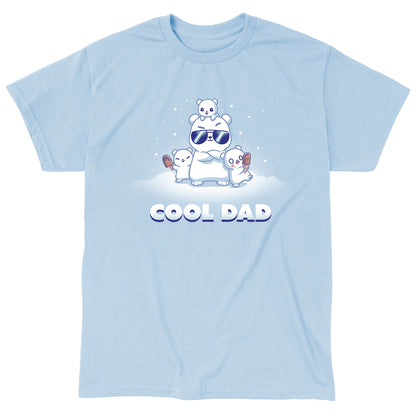 Classic Cotton T-shirt_TeeTurtle light blue Cool Dad (Polar Bear) apparel featuring a dad polar bear with sunglasses and his arms crossed, two of his cubs holding frozen desserts, one cub perched on top of his head with snow falling around them, and the caption, "Cool Dad". 