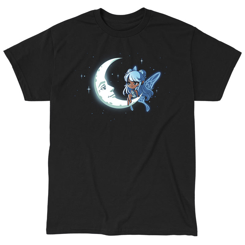 Classic Cotton T-shirt_TeeTurtle Celestial Fairy black t-shirt featuring a space fairy with blue hair and wings sitting on a crescent moon that has a face with stars in the background.