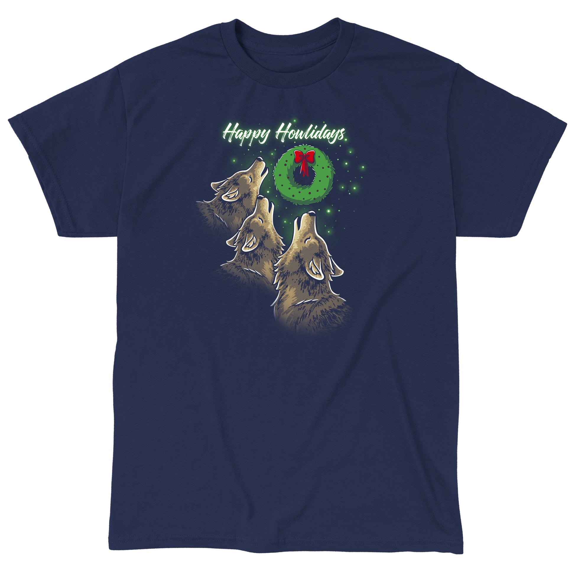 Classic Cotton T-shirt_TeeTurtle Happy Howlidays navy blue t-shirt featuring three wolves howling at a Christmas wreath with a red bow.