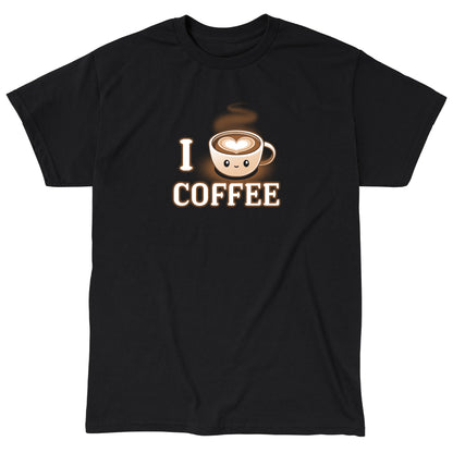 Classic Cotton T-shirt_TeeTurtle I <3 Coffee black t-shirt featuring a coffee cup with a smiling face and a heart-shaped design in the foam, accompanied by the text "I <3 Coffee."