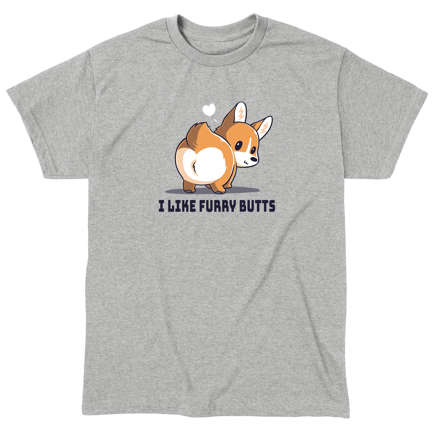 Classic Cotton T-shirt_TeeTurtle I Like Furry Butts heather gray t-shirt featuring a corgi with a white heart above its head.