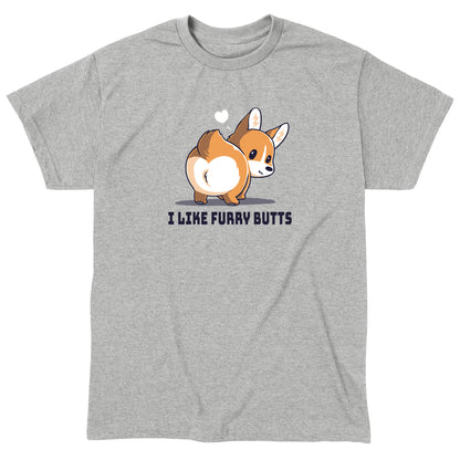 Classic Cotton T-shirt_TeeTurtle I Like Furry Butts heather gray t-shirt featuring a corgi with a white heart above its head.