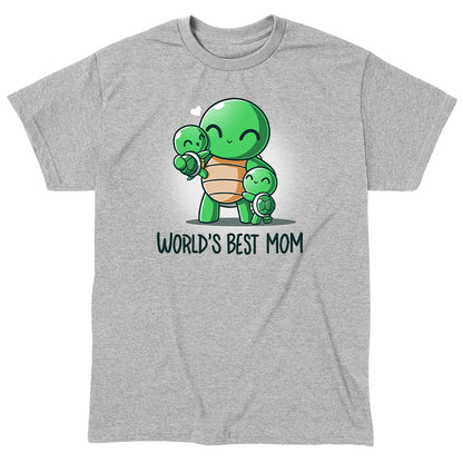 Classic Cotton T-shirt_TeeTurtle World's Best Mom Heather Gray t-shirt featuring cartoon turtle mom holding one baby turtle and hugging another with the text "World's Best Mom apparel" below them. A small heart floats near her head. 