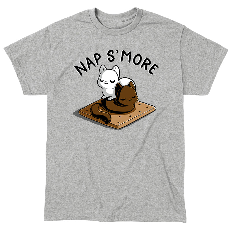 Classic Cotton T-shirt_TeeTurtle Nap S'more heather gray t-shirt featuring two cute cats, one white and one brown, who are peacefully sleeping on a graham cracker looking like our favorite dessert food s'mores. Text above them reads "NAP S'MORE". 