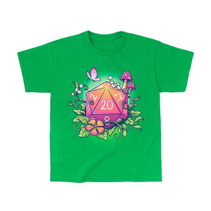 Classic Cotton T-shirt_TeeTurtle Natural 20 Irish green t-shirt featuring a colorful 20-sided die surrounded by flowers, leaves, mushrooms, and a butterfly. 