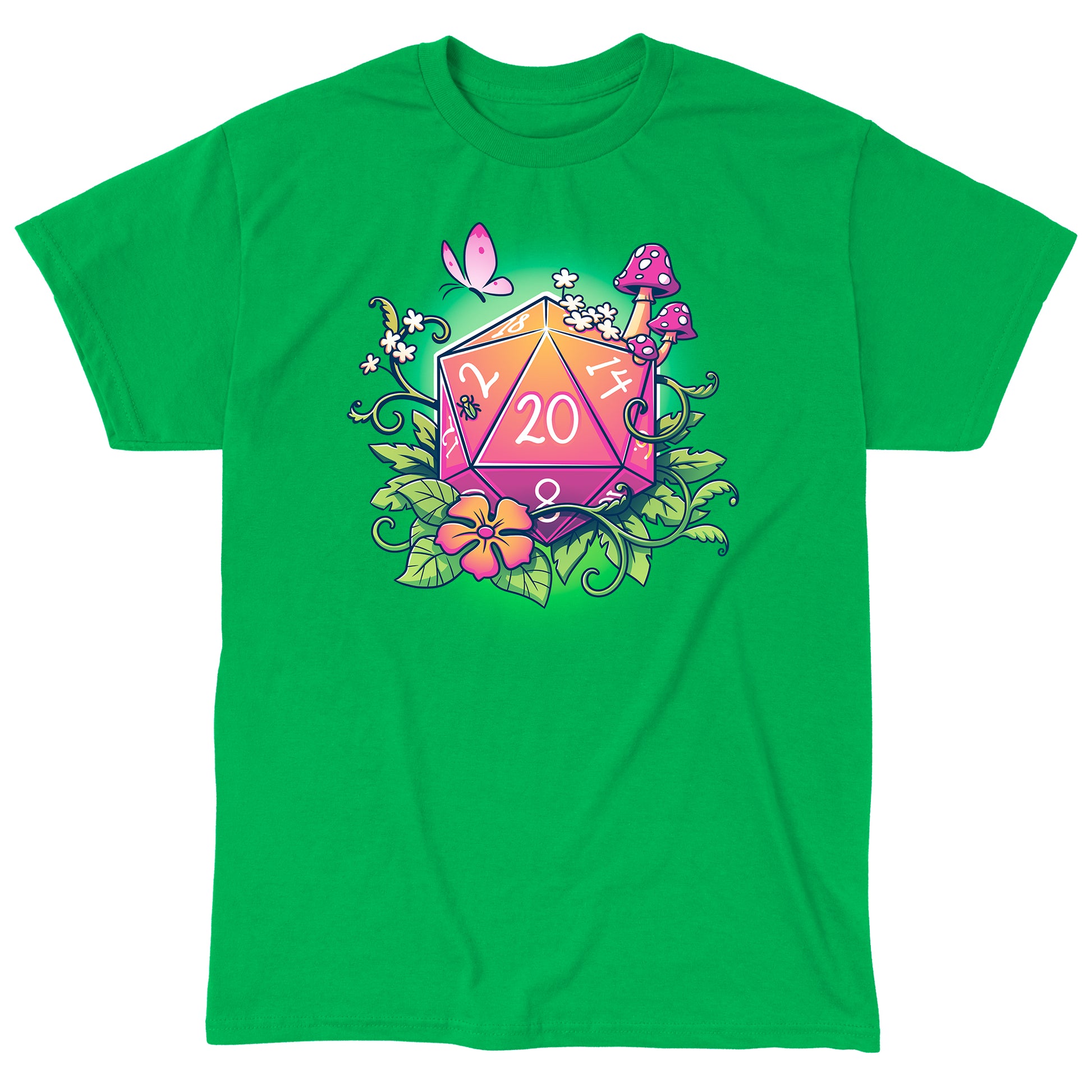 Classic Cotton T-shirt_TeeTurtle Natural 20 Irish green t-shirt featuring a colorful 20-sided die surrounded by flowers, leaves, mushrooms, and a butterfly. 