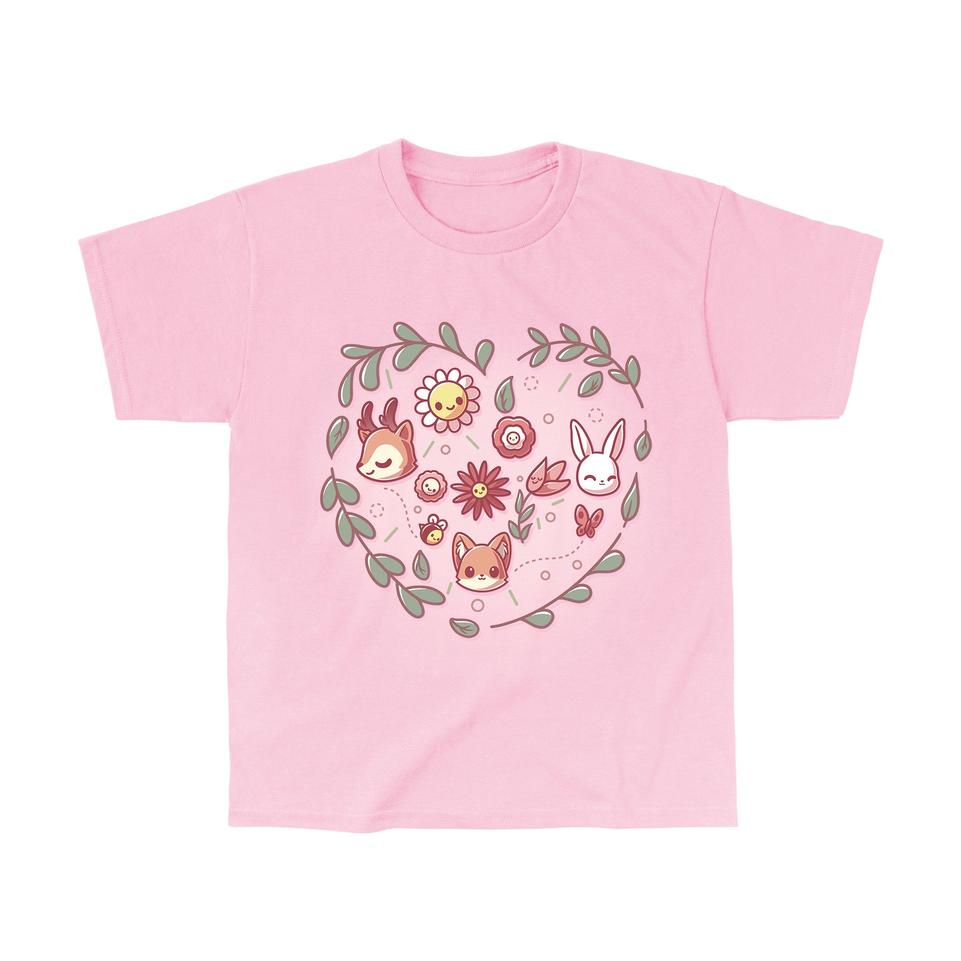 Classic Cotton T-shirt_TeeTurtle light pink Nature Lover apparel featuring a deer, fox, and rabbit with other forest elements framed by a leaf heart.