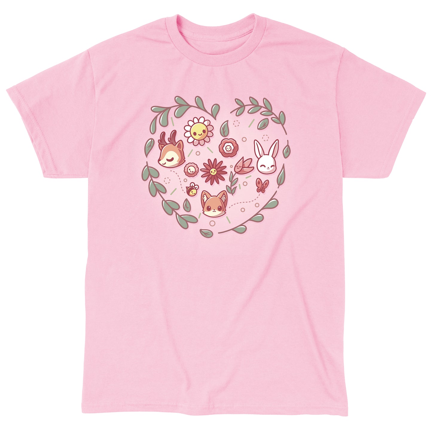 Classic Cotton T-shirt_TeeTurtle light pink Nature Lover apparel featuring a deer, fox, and rabbit with other forest elements framed by a leaf heart.